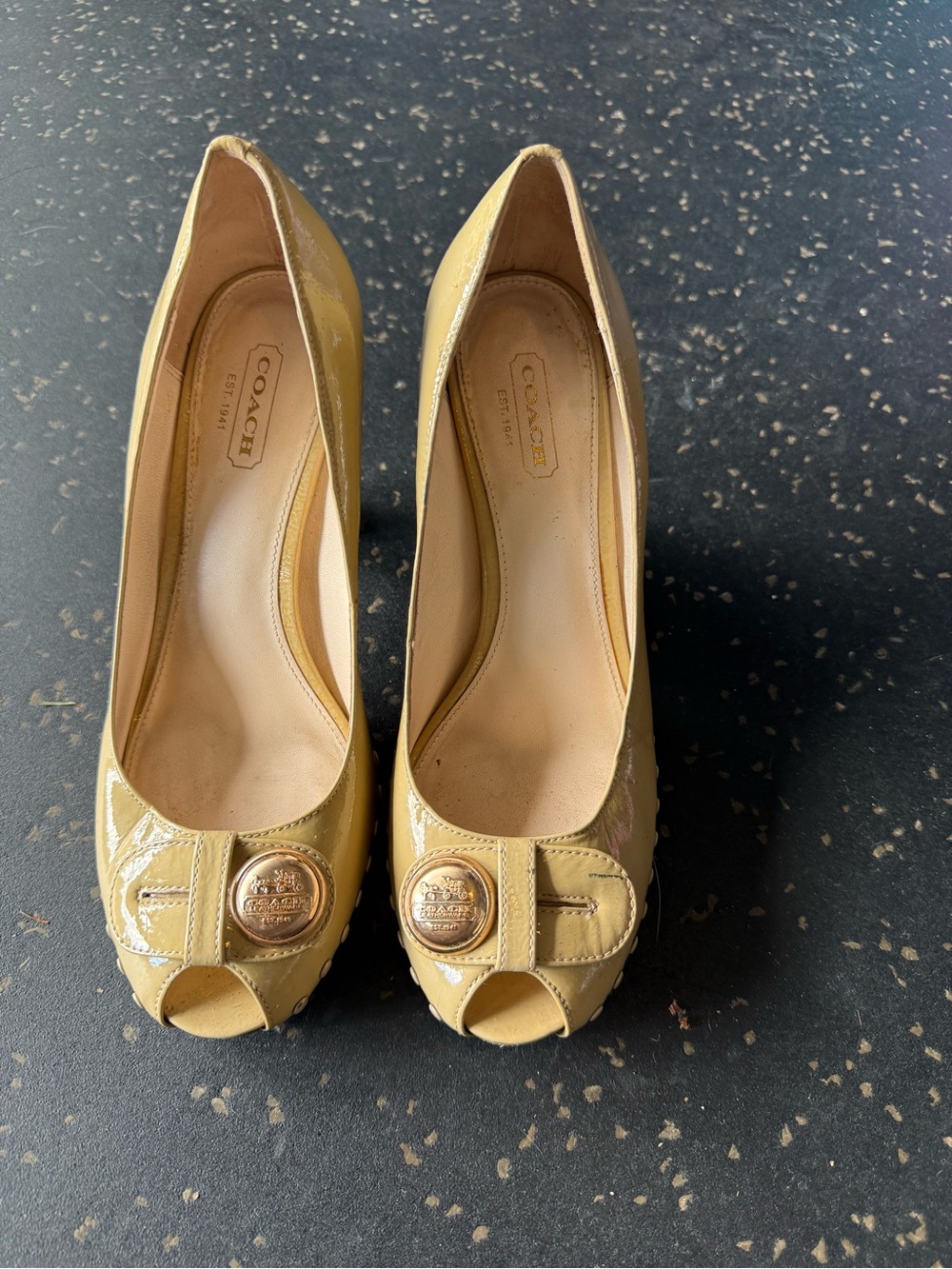 Coach Yellow Patent Leather Peep-Toe Pumps with Logo Medallion